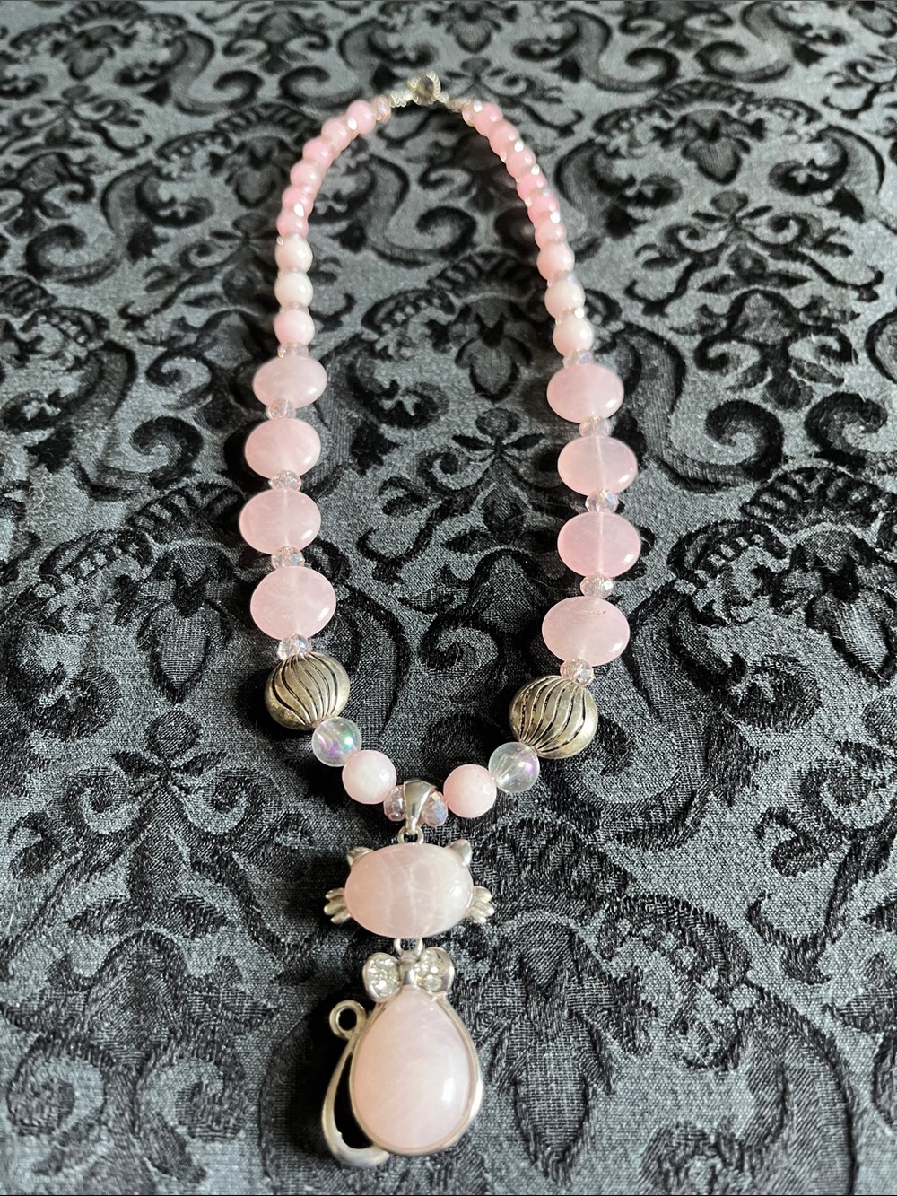 Delicate Pink Rose-Quartz Beaded Necklace with Cat Charm